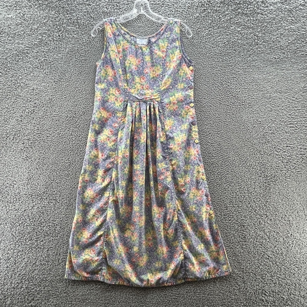 VTG 90s Pudding Shop Dress Small Blue Floral Sleeveless Relaxed Cottage Midi